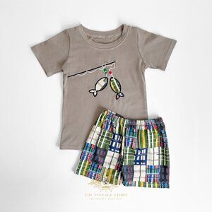 NWT Cute Boys T-shirt & Shorts Matching Set Embroidered Checkered Fish on! 5-6Y